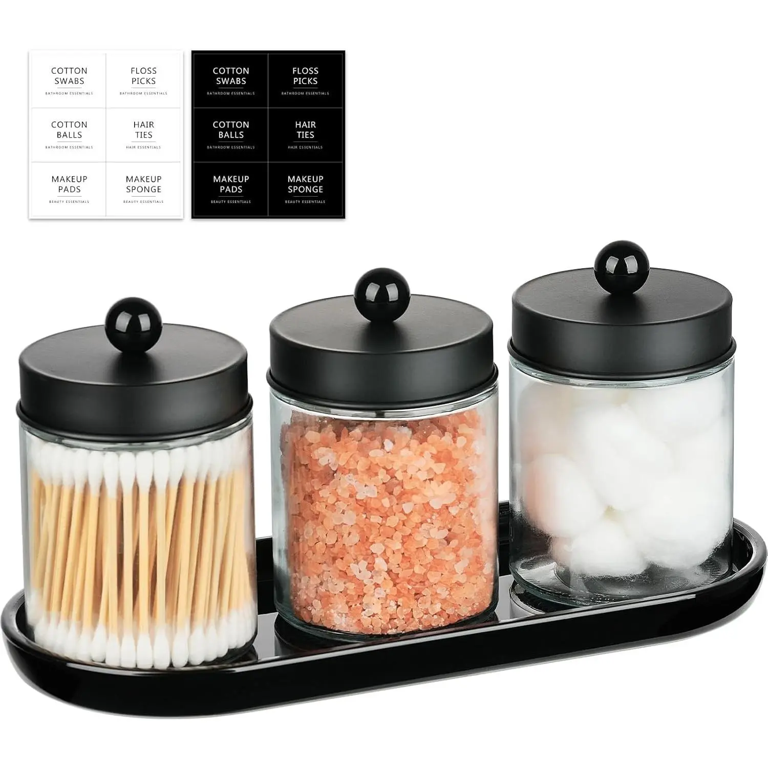 Black 3-Pack Round Glass Apothecary Jars with Steel Acrylic Vanity Tray - Farmhouse Modern Industrial Bathroom Organizer Set for Qtip, Cotton Ball, Floss Picks (Gift-Worthy Storage Canister)