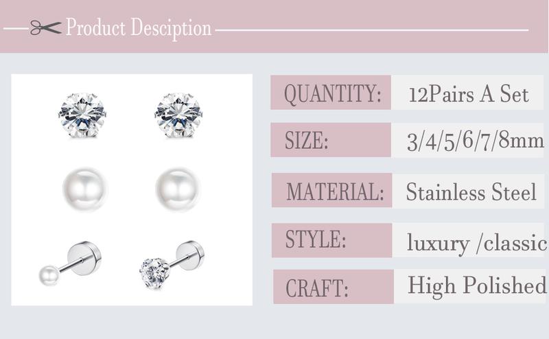 Jstyle 12Pairs Stainless Steel Round Clear Cubic Zirconia Pearl Stud Earring for Women CZ Earrings 3-8MM