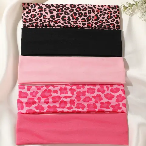 5 Pcs Leopard Print and Solid Color Sports Headbands for Women, Sweat-Wicking Hair Bands, Workout Headbands for Fitness, Running and Daily Use