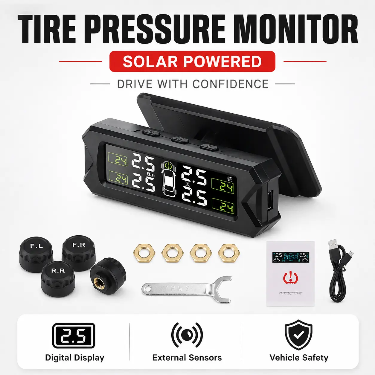 Solar Car Tire Pressure Monitoring System with 4 External Sensors, Digital Tire Pressure Gauge, Real-Time Alert Display & Rotating Holder for Automotive Driving and Tire Maintenance