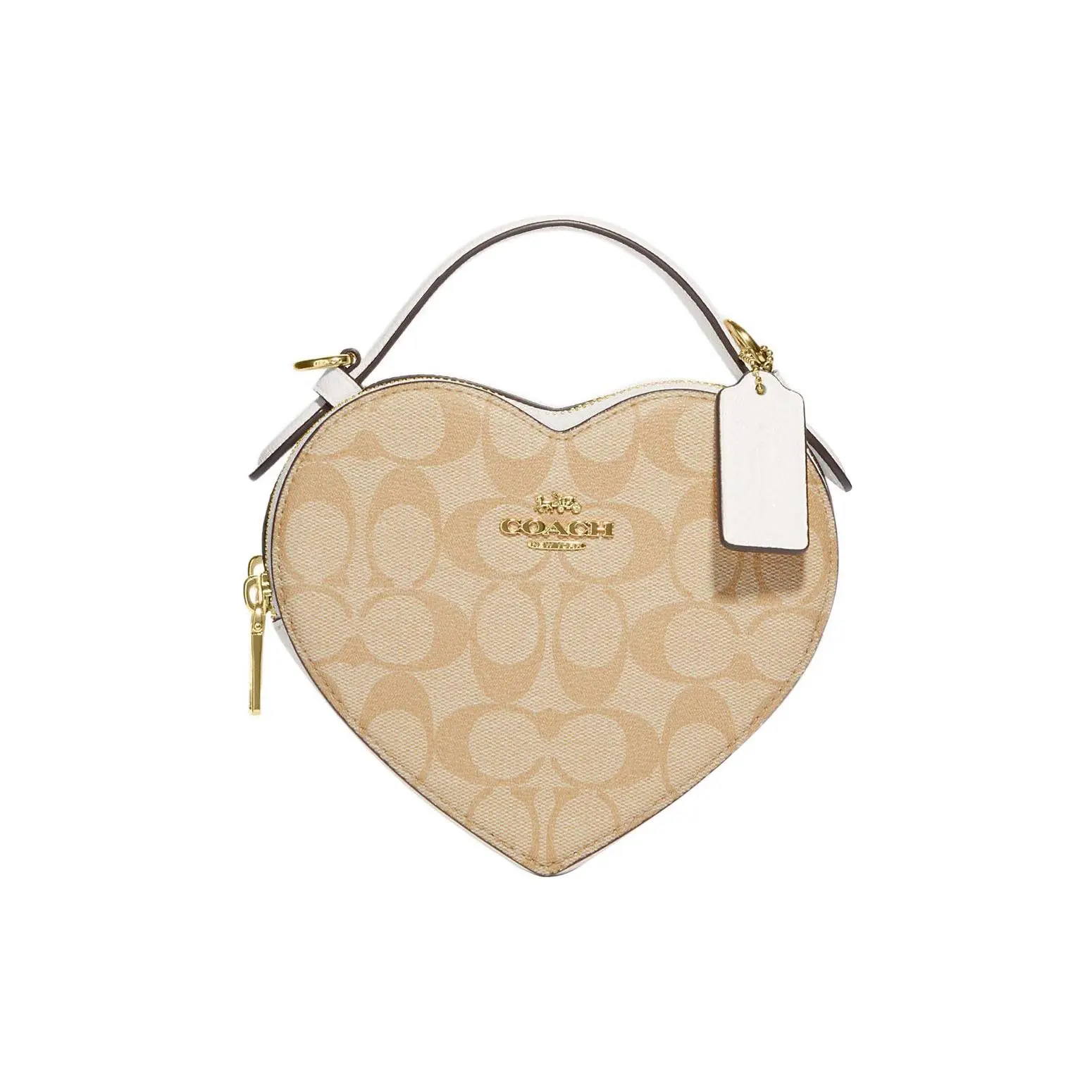 COACH Heart 15 Classic Monogram Zip-Top Crossbody Handbag for Women, Mini Leather-Trimmed Canvas, Light Khaki