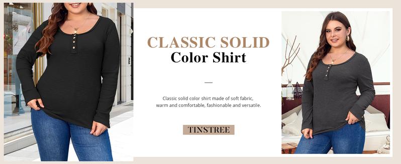 Women’s Plus Size Henley T Shirts Long Sleeve Button Down Tunic Blouse Loose Fit Tops Scoop Neck Ribbed Knit Shirts BBW Big Beautiful  Woman Over Size