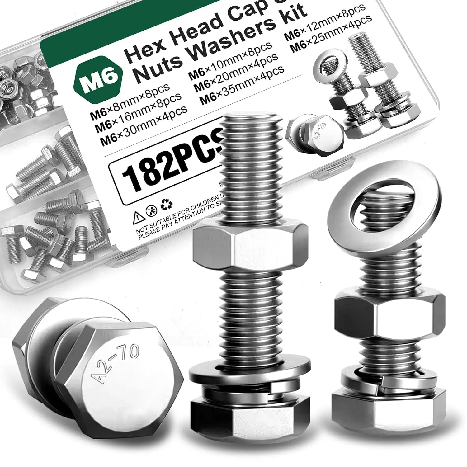 182 count M6 Nuts and   Kit, A2-70 Stainless Steel Hex  Cap Screws with Flat & Lock Washers, M6x8mm-35mm for Bikes, Furniture &  Modifications