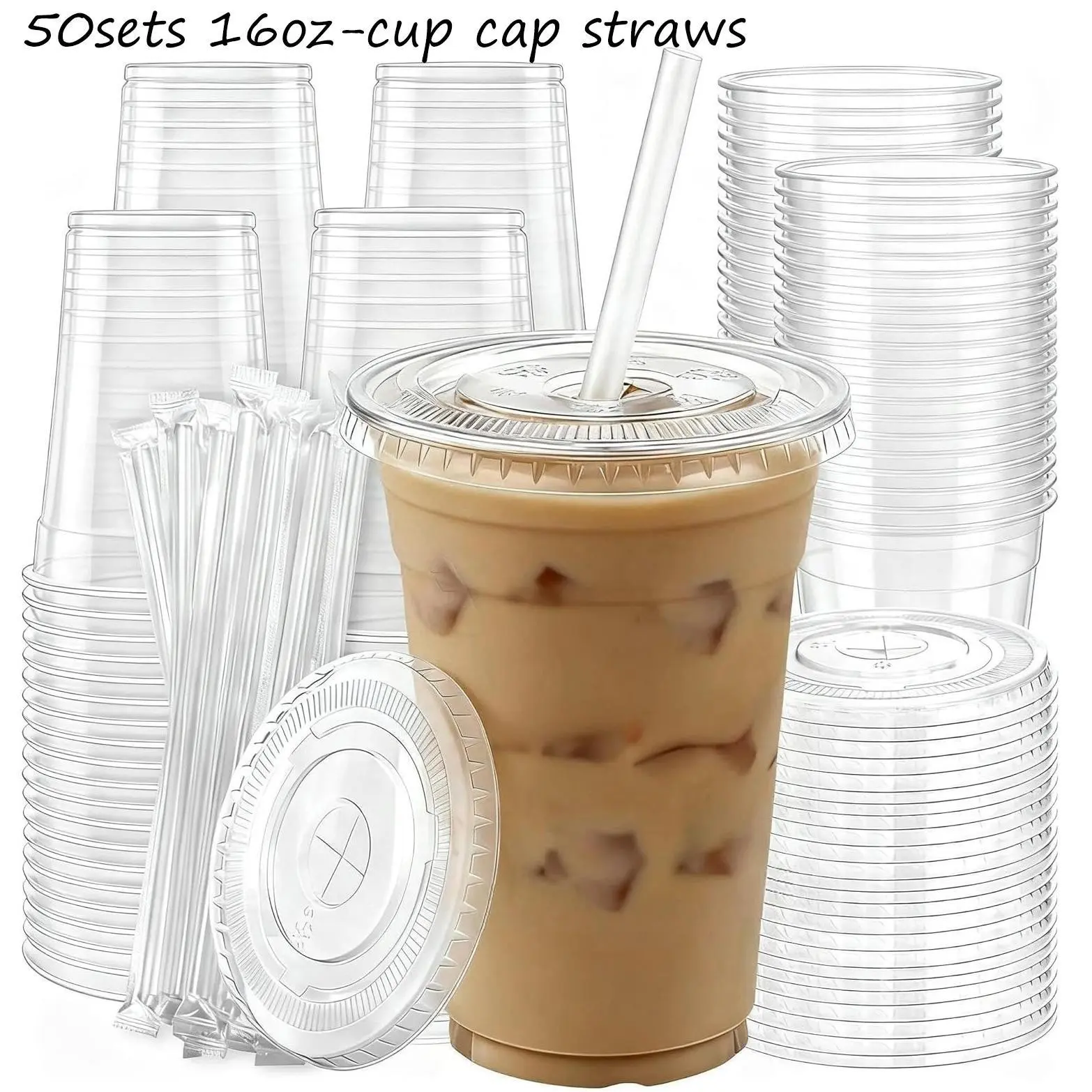 50-Pack 16oz Plastic Cups with Lids and Straws, Transparent Disposable Thick Ice Coffee Cups, Leak-Proof Cold Drink Cups for Juice, Coffee, Milk Tea