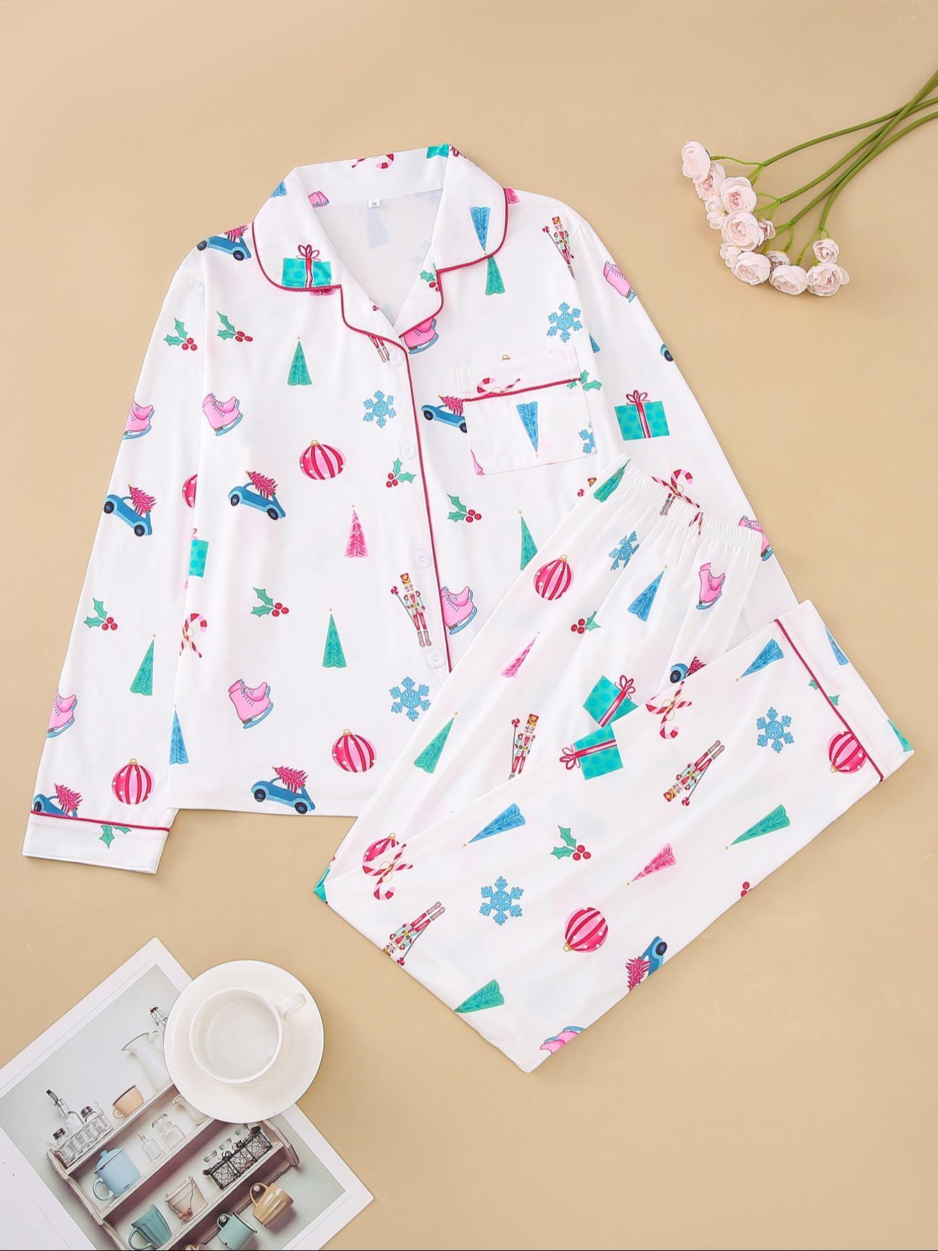 Two-piece Set Women's Christmas Print Button Front Pocket Shirt & Elastic Waist Pants Pyjama, Casual Comfy Long Sleeve Collared Top & Trousers Pyjama Set, Women's Sleepwear Loungewear for Spring & Fall, Pajama Set