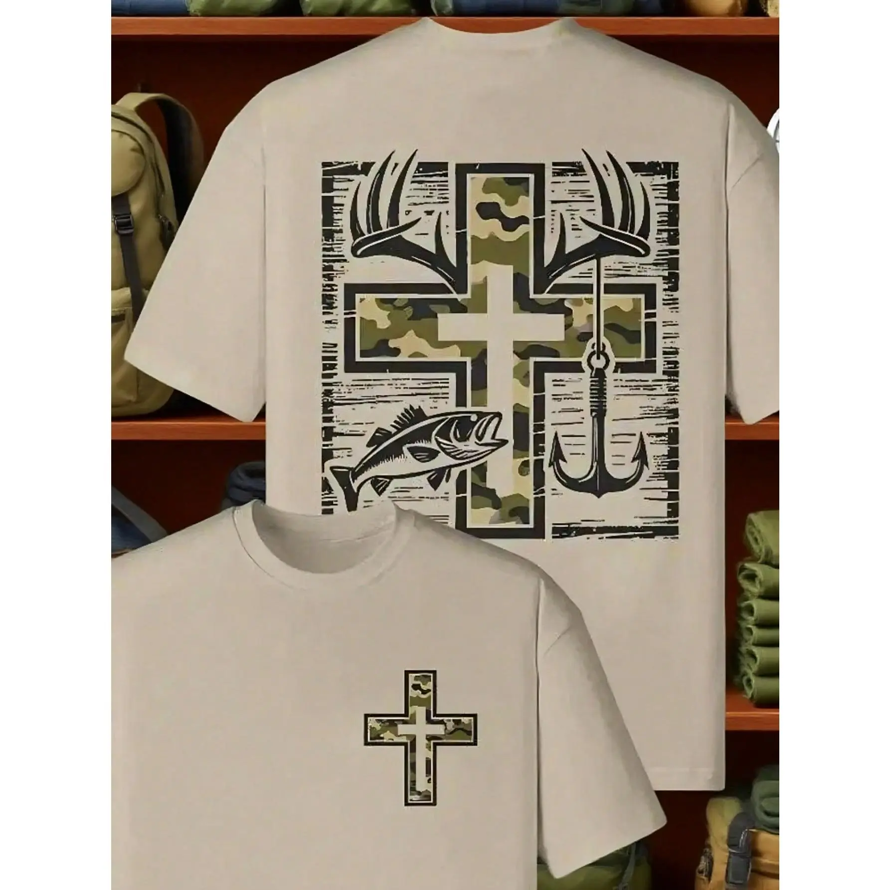 Pure Cotton Men's T-Shirt With Camo Cross Deer Antlers Design - Stylish And Comfortable Graphic Tee For Outdoor Enthusiasts, Perfect For Camping, Hiking, And Fishing Adventures - Fashion Apparel For Men, Ideal Gift For Wildlife Lovers
