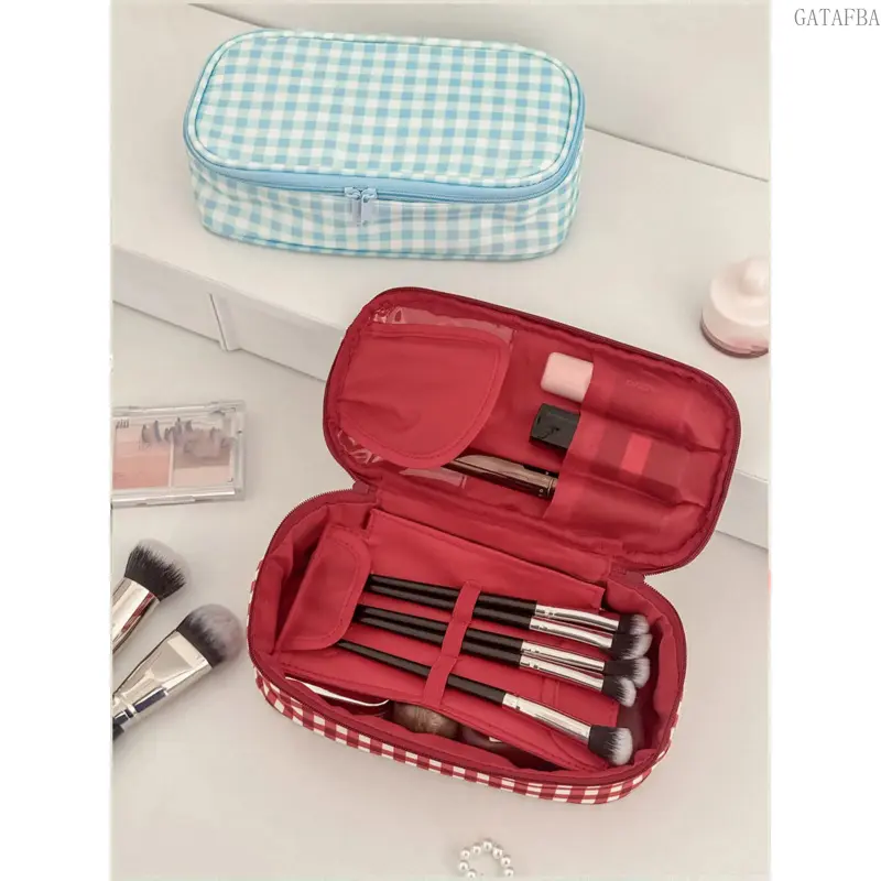Plaid Travel Cosmetic Bag, Multi-Compartment Zipper Makeup Organizer, Portable Toiletry Storage Bag with Makeup Brush Slot, Travel Cosmetic Pouch