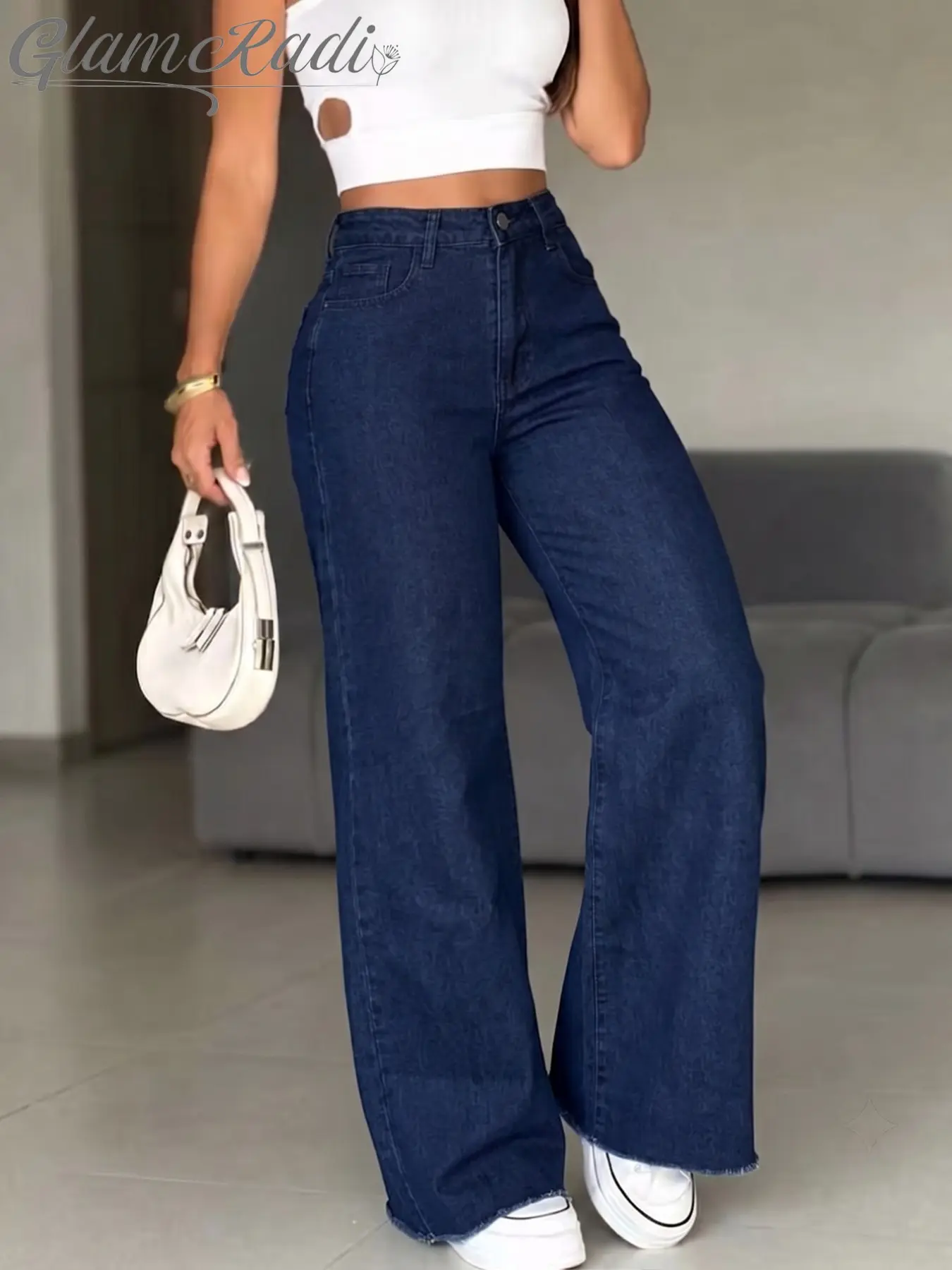 Deep Blue High-Waisted Jeans for Women, Elastic Waist, Flare Leg, Retro Style, Daily Wear, Office, Casual, Streetwear