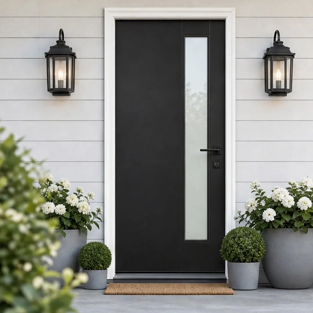 36x80 Minimalist Arch Fiberglass Front Door (104.72 lb) with White PVC Frame - Left-Hand Inswing, Brickmould, Smooth Skin, Frosted Glass, Black Prefinished, Insulated, Sound Insulation, Cracking-Resistant, Weather-Resistant Exterior Entryway Door for Home