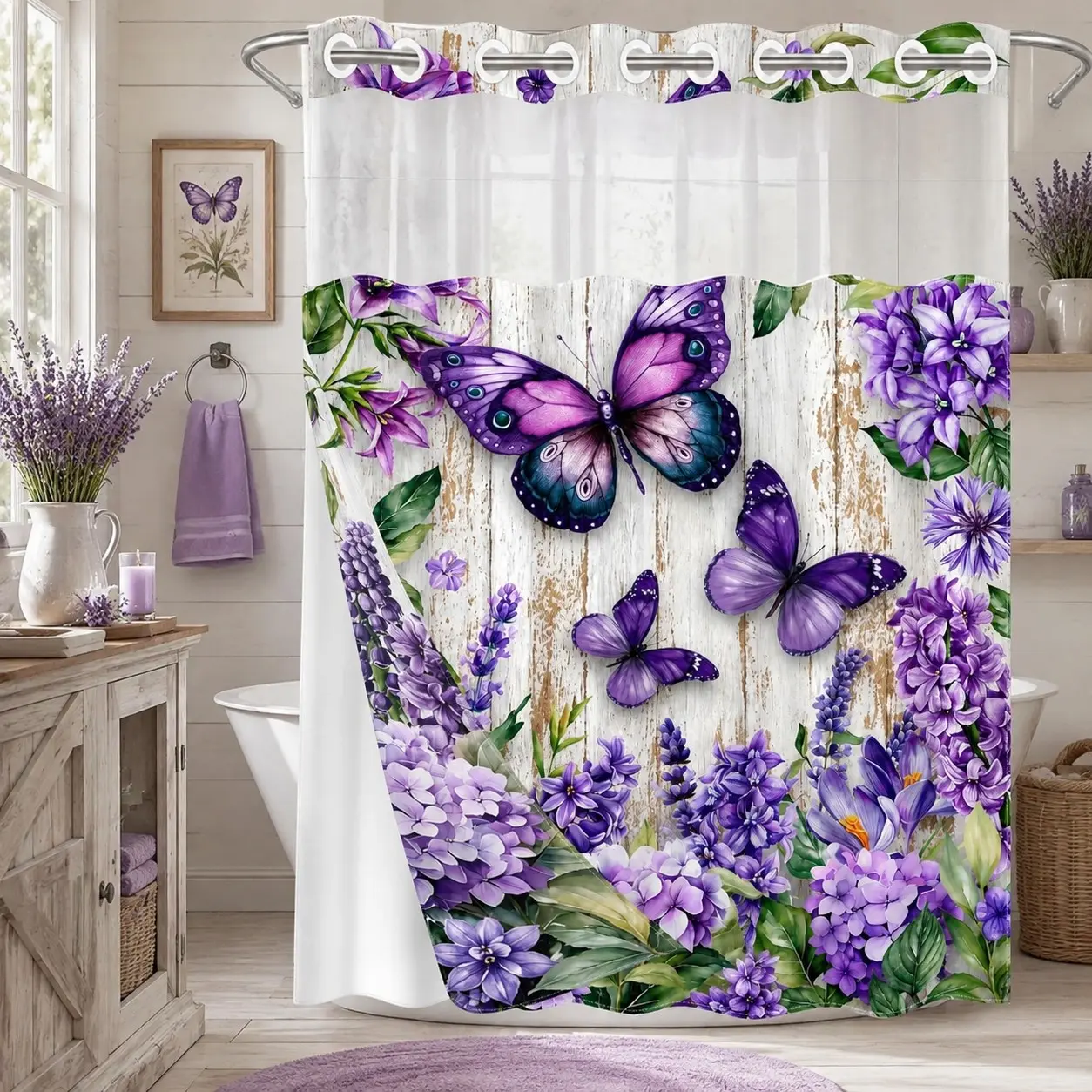 1PC 2D Flat Purple Butterfly, Lavender, Hydrangea & Rustic Wood Pattern Double-Layer Woven Shower Curtain, No Hooks, Transparent Top Window, Removable Snap-On Liner, Cottagecore Bathroom Art Decor, Bathroom & Holiday Decoration