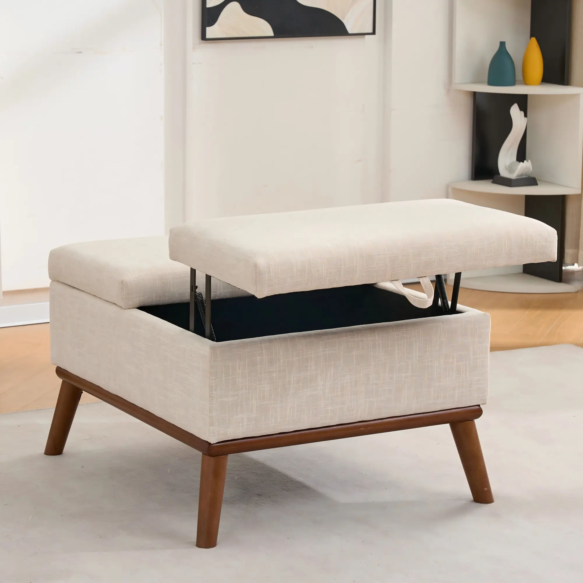 Nokaa 31 in Mid-Century Modern Fabric Storage Ottoman - Rectangle Coffee Table with Lifting Storage Lid, High Wooden Legs, Beige, 33.00 lb, for Living Room Office