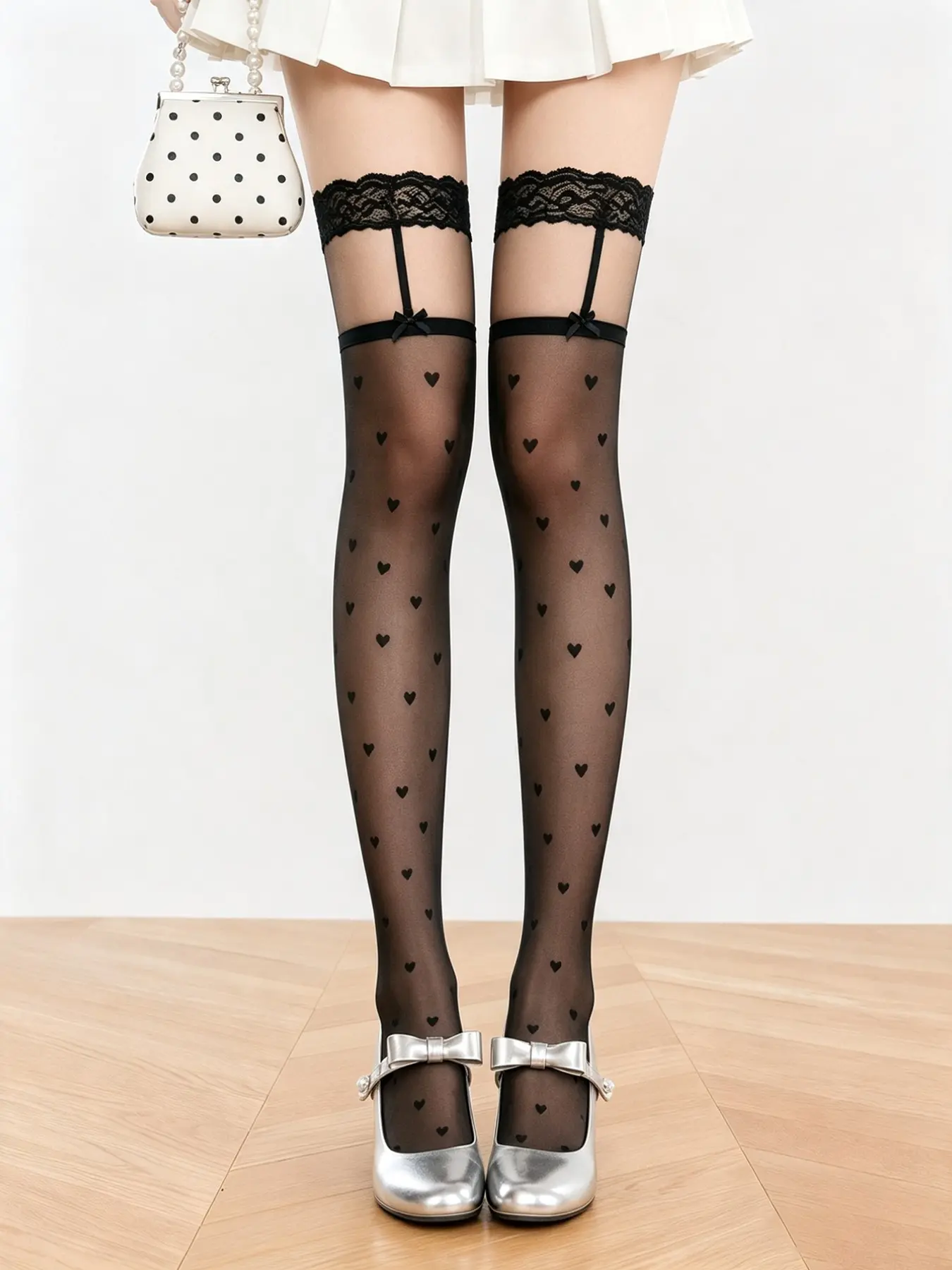 Coquette Romantic Aesthetic Cute Heart Graphic Faux Garter Sheer Tights, Slim-Fitting Party Stockings, All over Print, Unlined, All Seasons