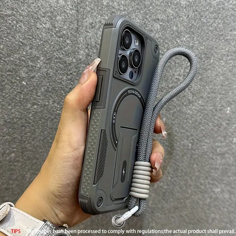 Luxury Magnetic Folding Stand Phone Case+Wristband, Suitable for iPhone 17, 16, 15, 14, 13, 12, 11 Pro Max 16, 15, 14 Plus Silicone Shockproof Protection Case, Military Grade Drop Protection Case, Protective Phone Cover, Shockproof Phone Cover, Casing