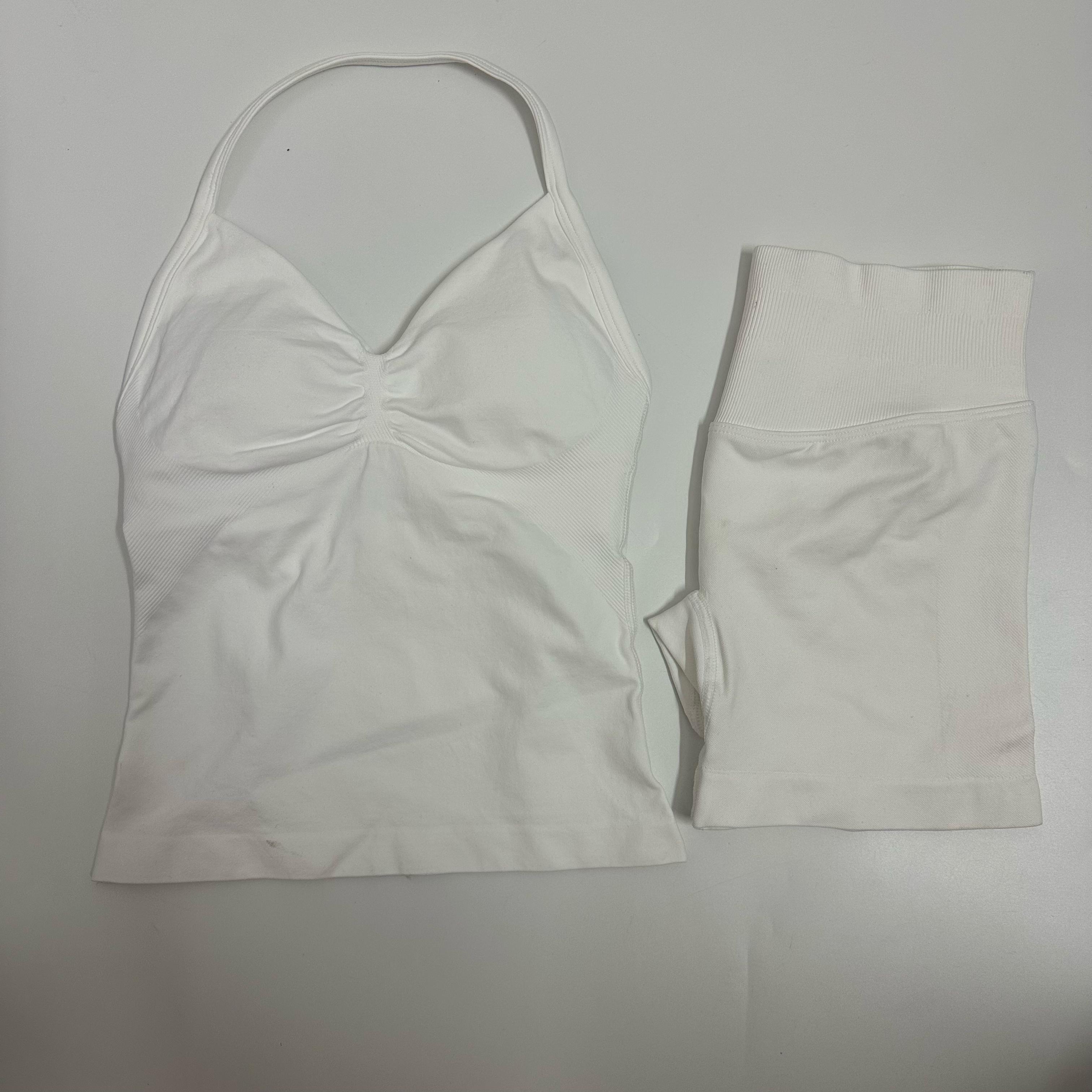 Women's Yoga Set - 2 Pieces Seamless Longline Strappy Tank Top & Scrunch Sports Shorts - Acrylic Nylon Blend - True to Size - Gym & Summer Workout Outfit - Athleisure Wear