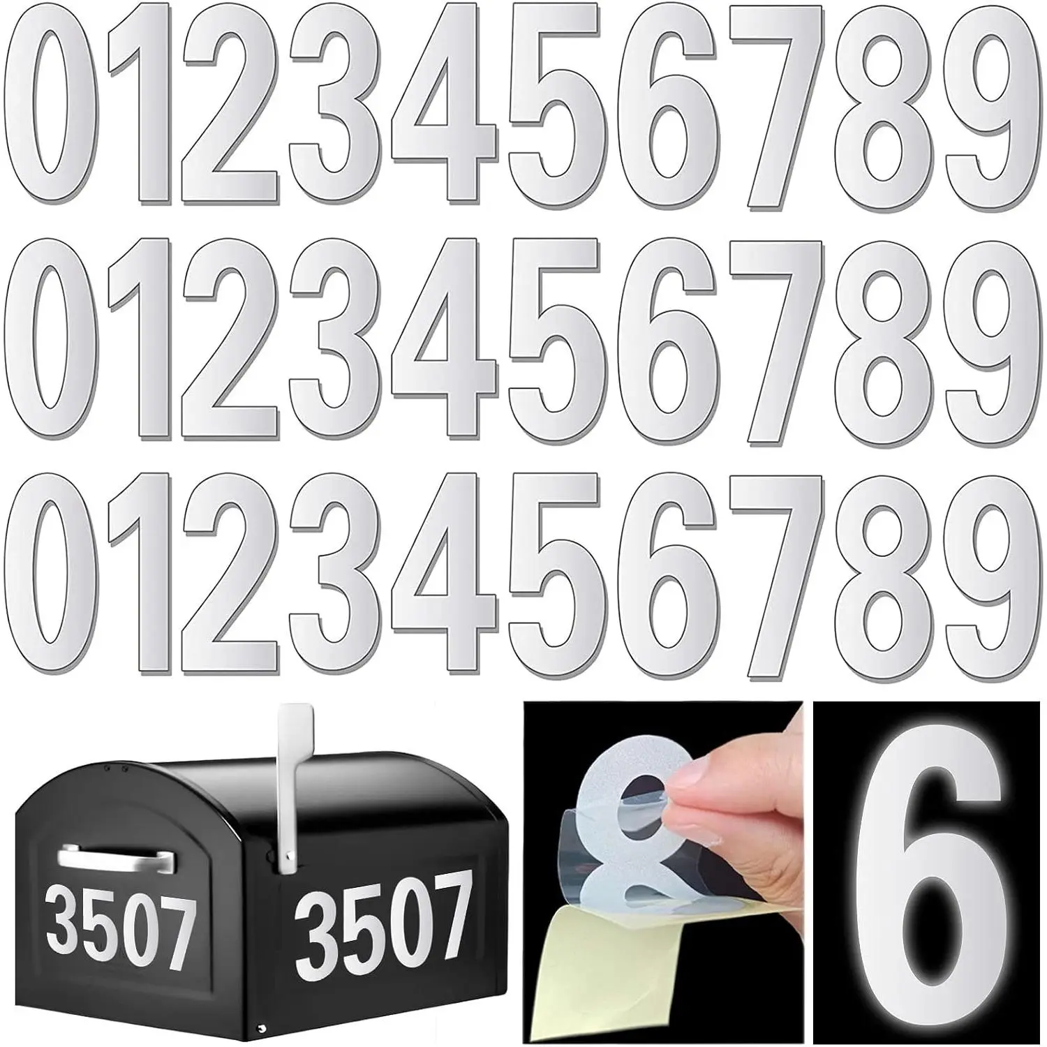 Reflective Mailbox Numbers Stickers - 30 Pcs Waterproof Self Adhesive 3 Inch Vinyl 0-9 Address Numbers for Mailbox, Door, Garbage Bins, Outdoor (White)Gift