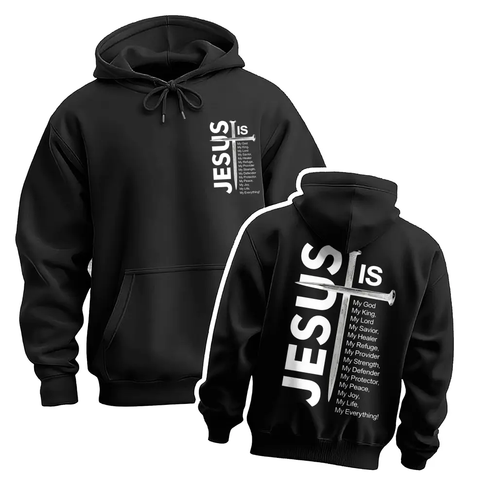 Men’s Jesus Is Cross Graphic Pullover Hoodie, Christian Faith Inspirational Front & Back Print Hooded Sweatshirt, Casual Long Sleeve Streetwear Top with Kangaroo Pocket for Church, Daily Wear, Travel and Fall Winter Outfits