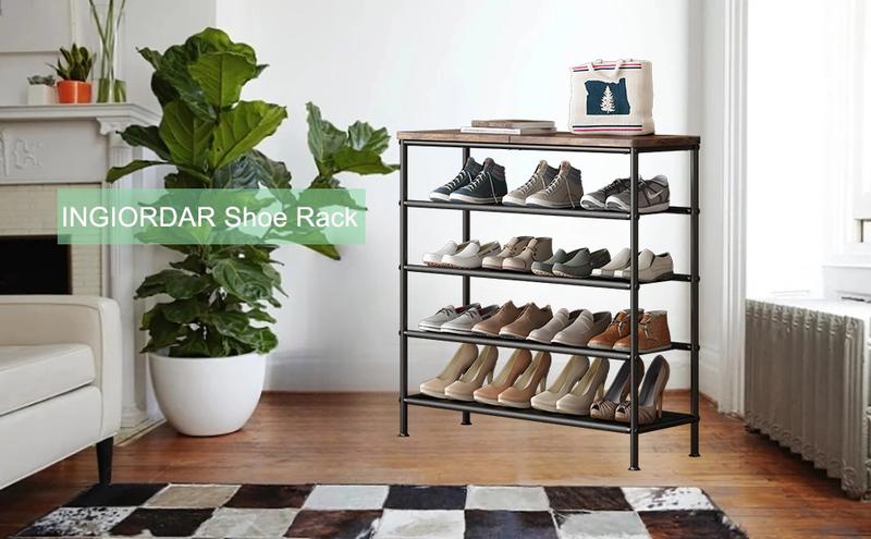LINZINAR 5 Tier Metal Shoe Rack Organizer with Industrial MDF Board & Layer Fabric for Entryway Closet Bedroom Living Room Garage Storage A001