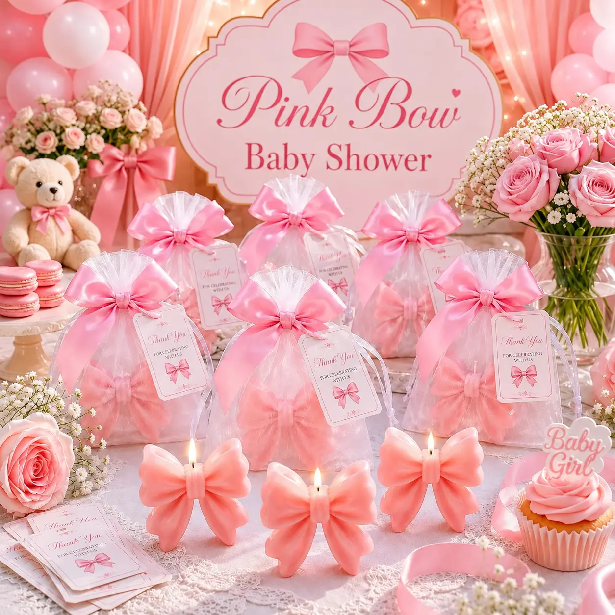 5/10 sets Pink Bow Candle Baby Shower Favors for Guests, Baby Girl Shower Gifts with Organza Bags and Thank You Tags, Baptism and Christening Favors, Gender Reveal and Birthday Party Keepsakes