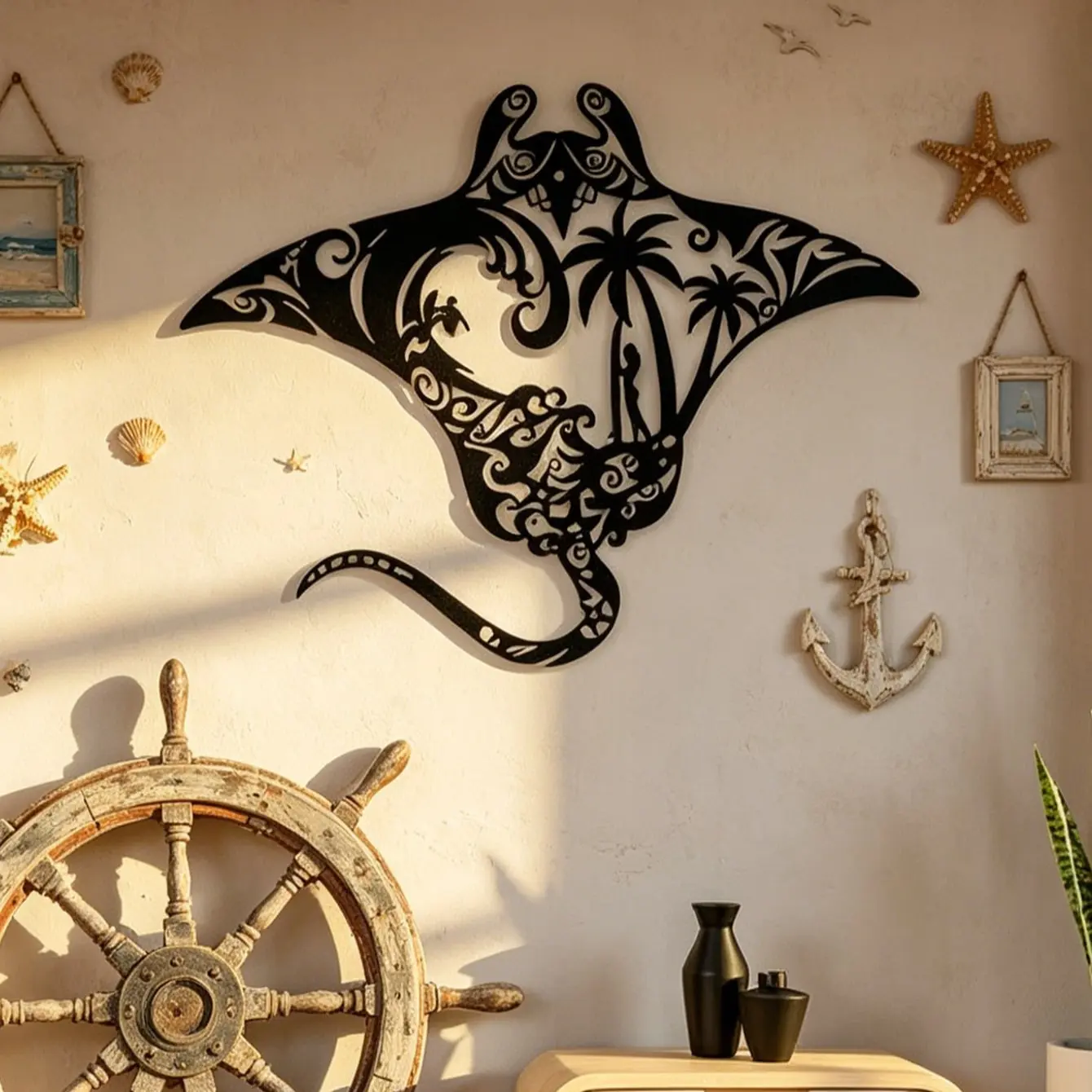 Metal Ray Wall Art, Rustic Farmhouse Ocean Theme Wall Decor, Ocean Inspired Design, Tropical Beach Coastal Metal Sculpture, Nautical Hawaiian Style Home Decoration Gift, Decoration Items