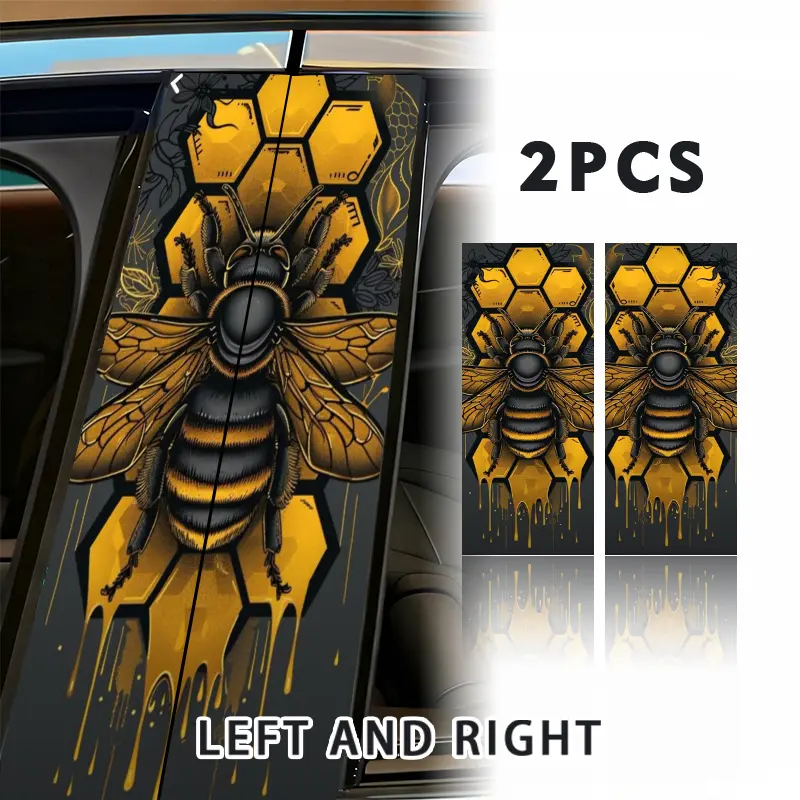 2pcs of Bee and Honeycomb Car Decals - Matte Self-Adhesive Vinyl with Irregular Hexagon Honeycomb Design for Windows/Windshields/B-Pillars, Compatible with Car Doors, Bumpers, and Glass/Metal Surfaces, Car Decorative Sticker