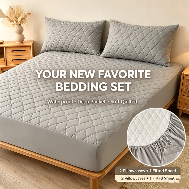 Waterproof Quilted Fitted Sheet Set, 1 Deep‑Pocket Fitted Bed Sheet + 2 Pillowcases, Spill & Stain Resistant Mattress Protector Cover, Soft Breathable Wrinkle‑Resistant Bedding Linen Set, Hotel‑Quality Waterproof Bed Cover for All Standard Home Mattresses
