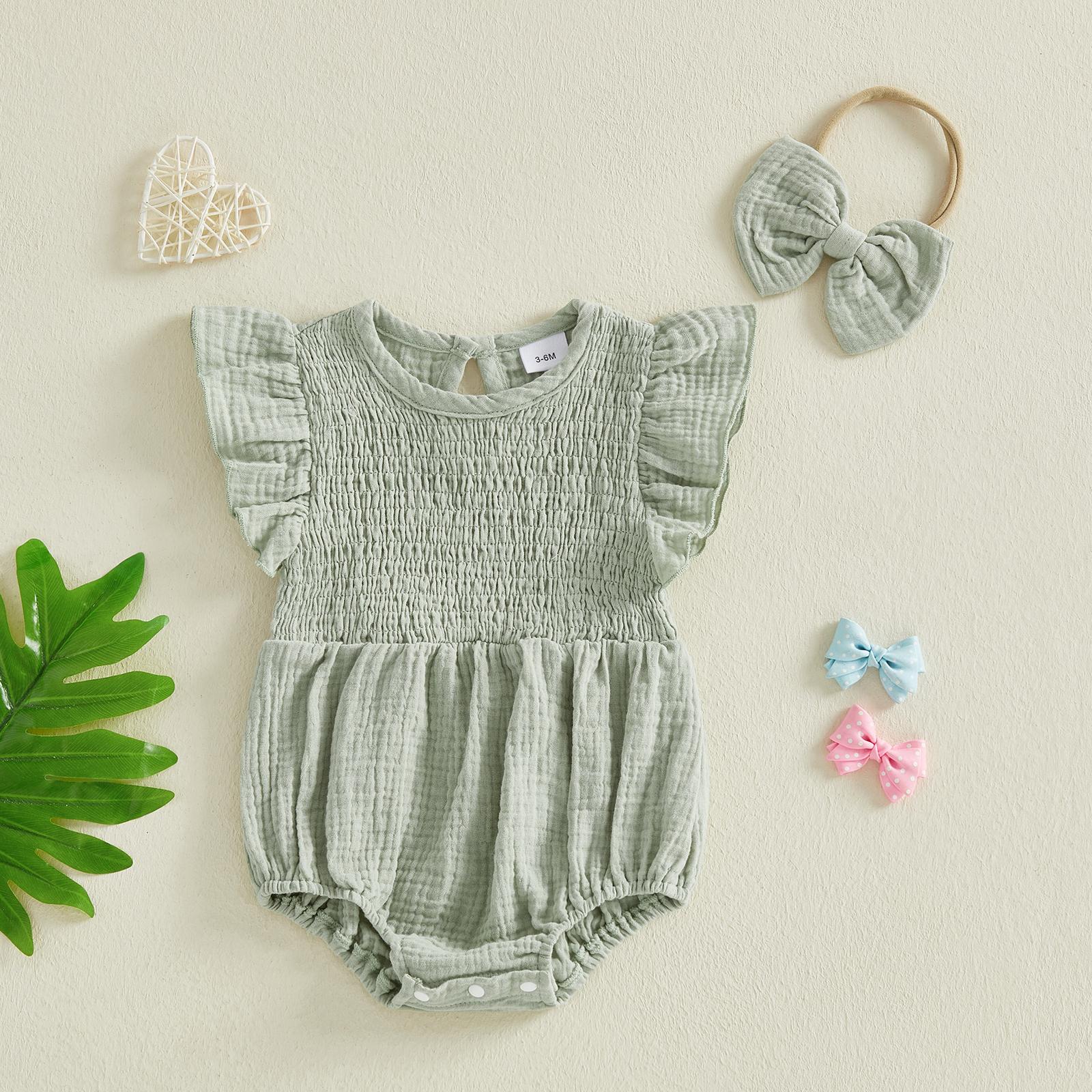 Newborn Baby Girl Romper Ruffle Sleeve Solid Smocked Bubble Romper Jumpsuit Bow Headband Cute Infant Summer Clothes