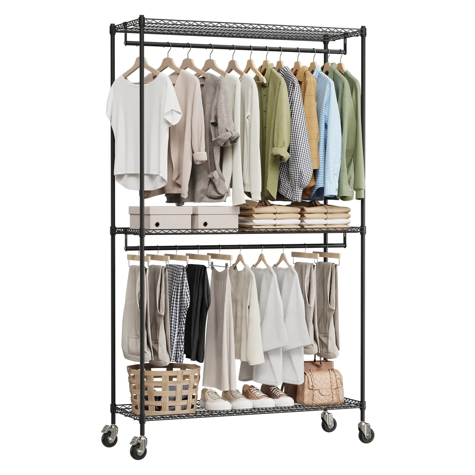 Heavy Duty Rolling Garment Rack with 3 Adjustable Wire Storage Shelves & Double Hanging Rods, Sturdy Metal Frame Mobile Freestanding Clothes Closet Organizer for Bedroom, Laundry Room & Clothing Storage