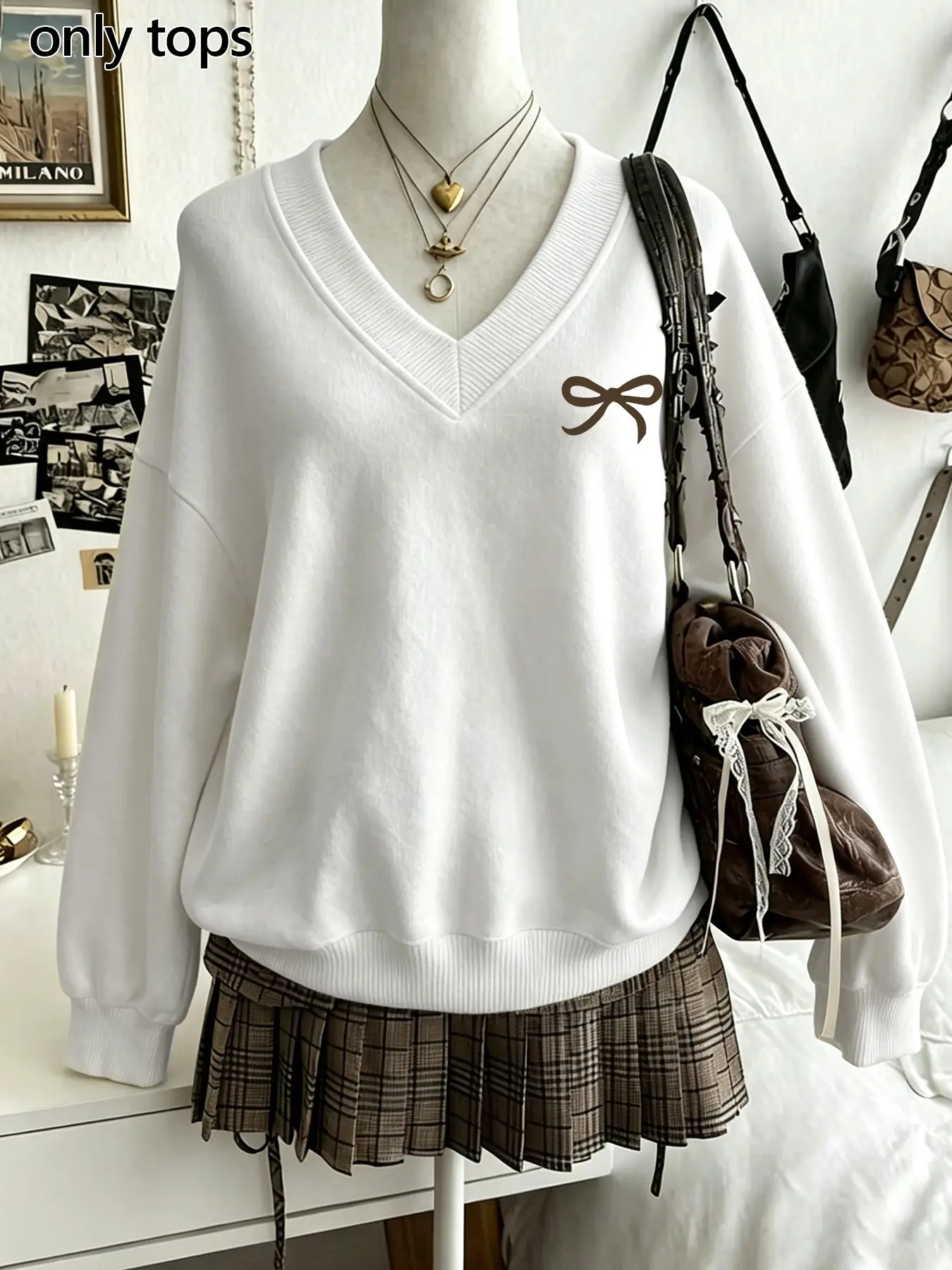 Women's V‑Neck Bow Print Regular Fit Sweatshirt, Long Sleeve Pullover Top, Preppy Style For School & Daily Street Outfit