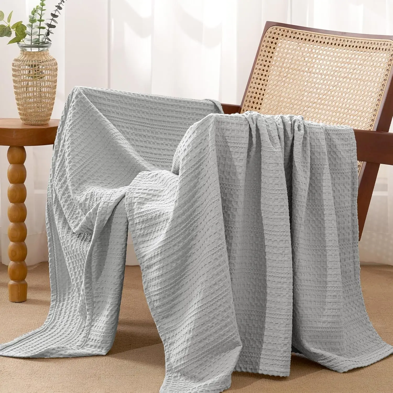 Lightweight Waffle Weave Throw Blanket 50"x 60", Soft Woven Summer Blanket for Hot Sleepers - Home Decor for Couch Bed Sofa, Pet Friendly, Light Grey