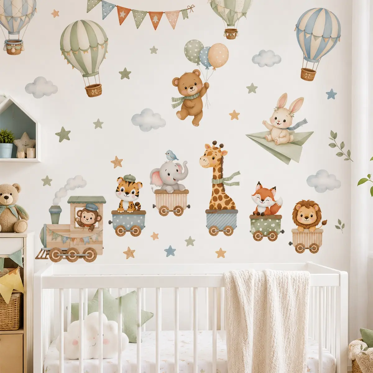 2pcs 30x90cm Cute Animal Train Vinyl Wall Decals, Removable Peel and Stick Stickers, Nursery and Baby Room Decor, Fun and Educational Design
