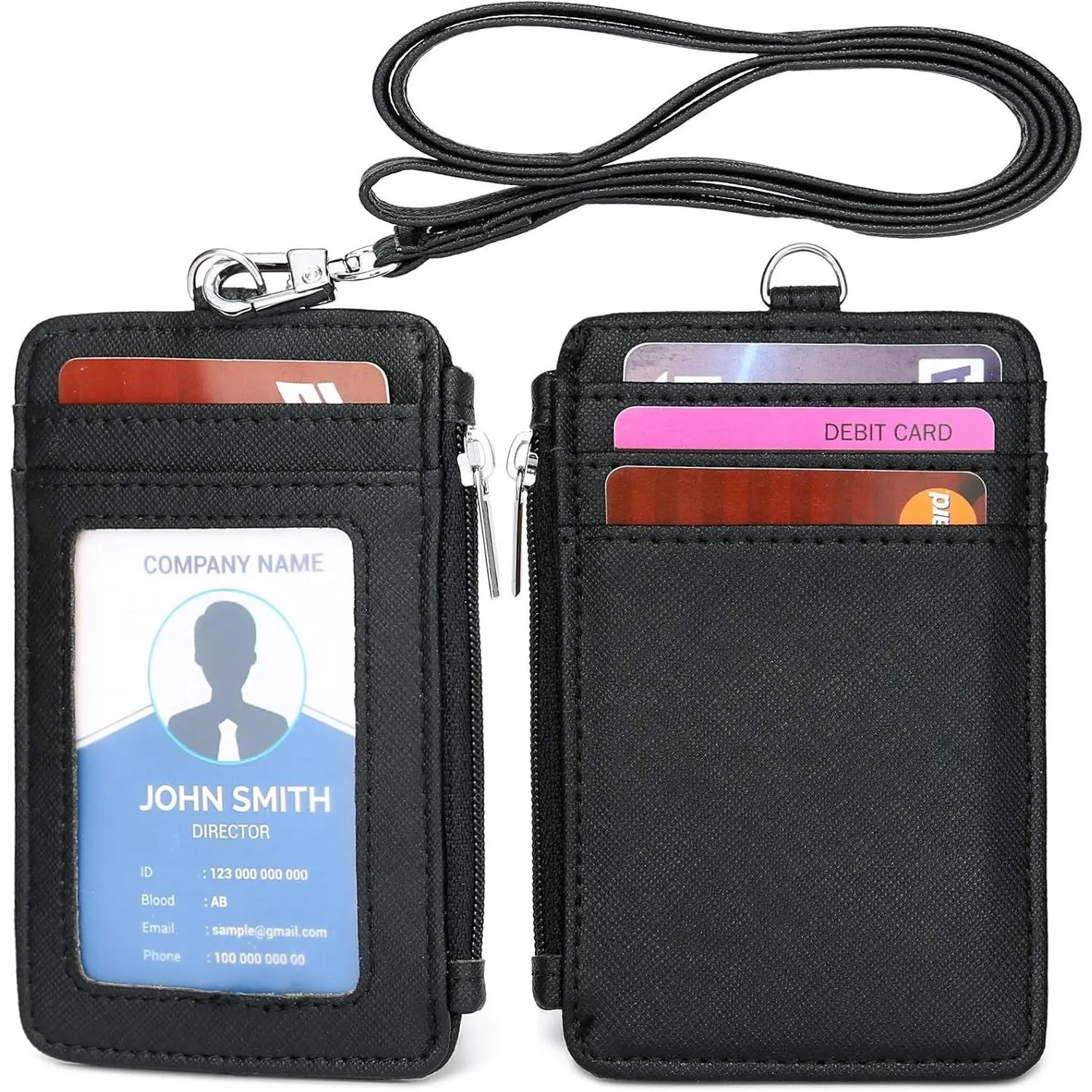 PU Leather ID Badge Holder with Neck Lanyard - ID Badge Wallet Case with 1 ID Window, 4 Card Slots and 1 Side Zipper Pocket
