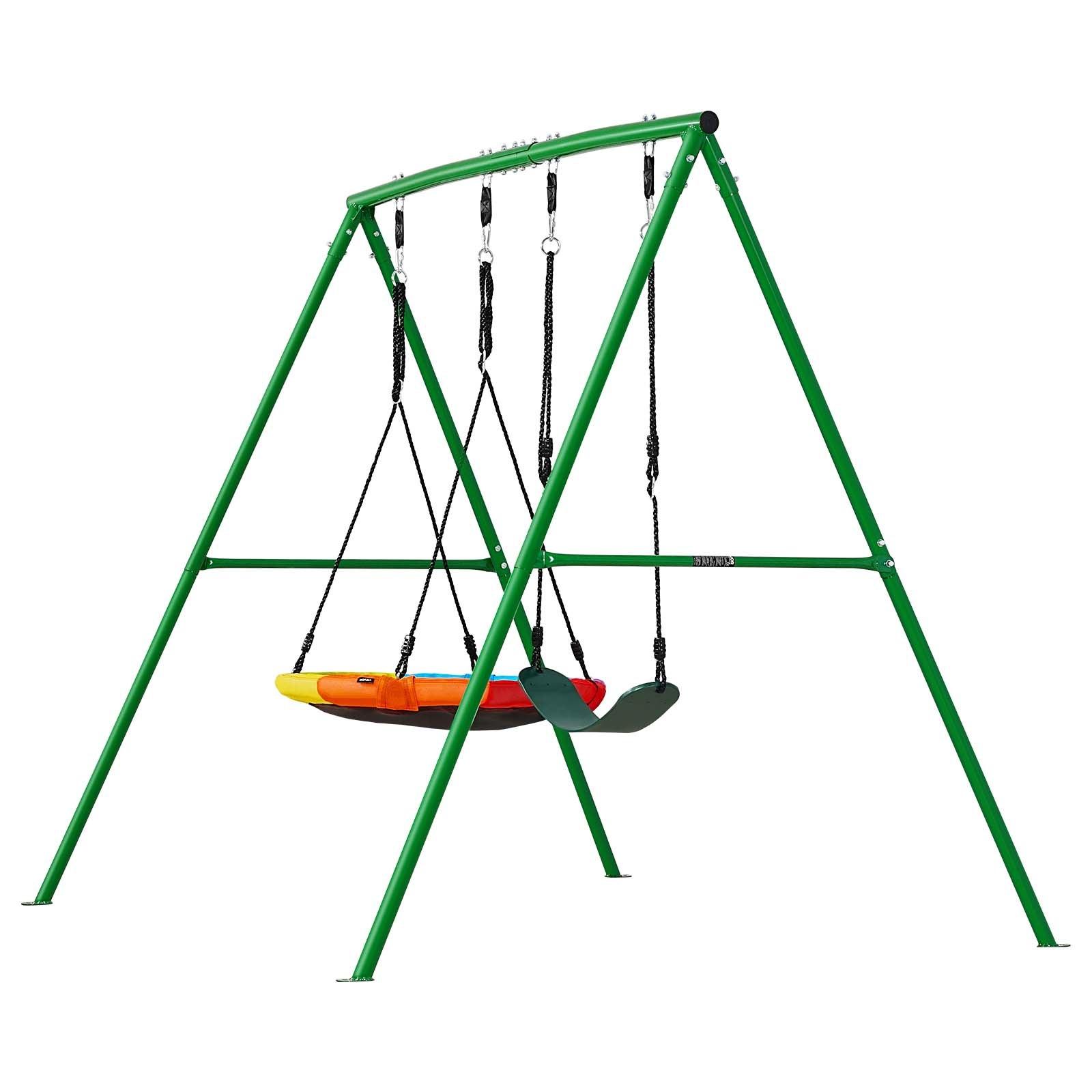 【Summerfinds】VEVOR Unisex Carbon Steel Backyard Playground Equipment, 32-in Adjustable Saucer & Belt Seats, Heavy-Duty A-Frame Stand, 440-lbs Load Capacity, Spiral Ground Anchor Reinforcement, Sturdy Swinging Outdoor Gear for Long-Term Use