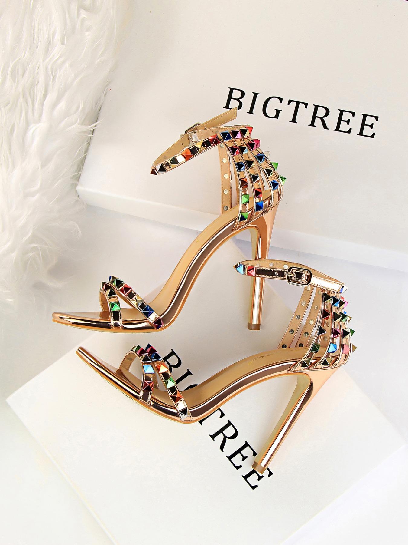 Women's Fashionable Studded Decor Stiletto Heels, Valentine's Gifts for Her, Elegant Heeled Sandals for Party, Banquet, Fashionable Shoes for Daily Wear, Strapy Sandal