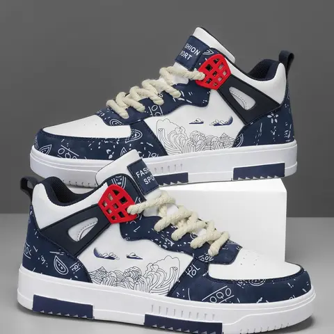 Men's Trendy Patchwork Letter Streetwear High-Top Sneakers, Fashion Graffiti Random Print, Sea Wave Cloud Pattern Casual Design, Casual Trendy Trainers