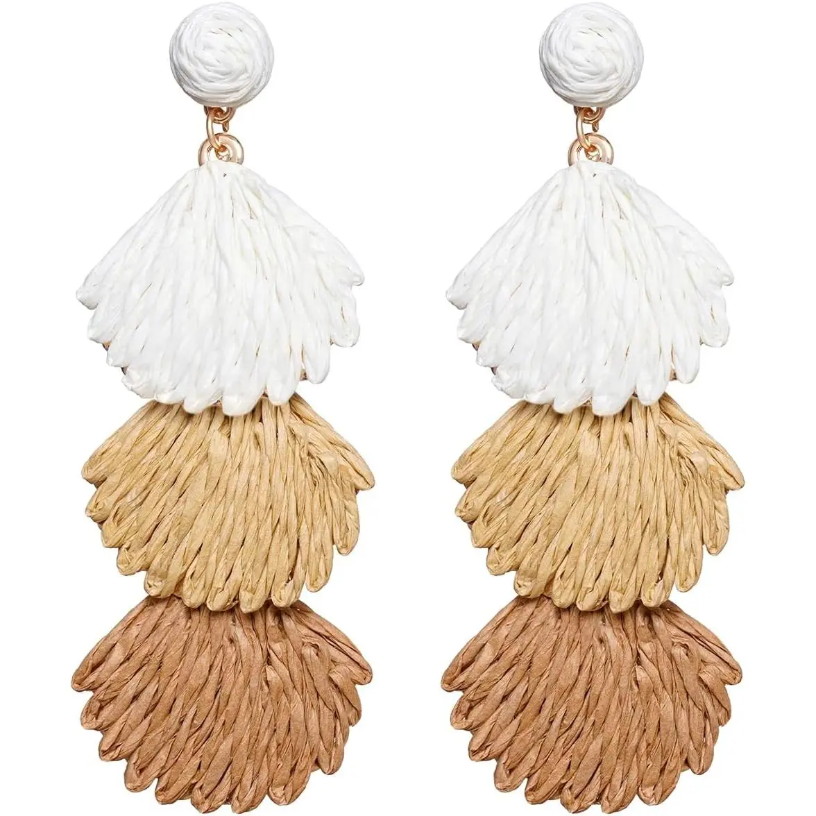 Women's Raffia Dangle Earrings - Boho Statement Accessories with Synthetic Fiber Rattan Drop, Shell Layers, 3.5" Length, Featherweight Beach Summer Costume Jewelry