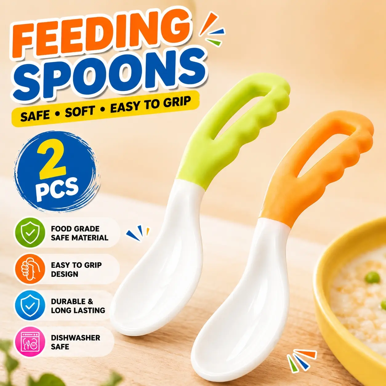 2pcs spoons, used for assisted feeding training, suitable for early education materials teaching, self-feeding, and hand flexibility exercises, with bendable handles, easy to grip and heat-resistant
