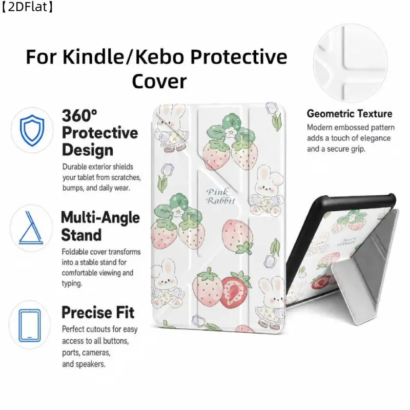 For Kindle/Kobo/Tolino Case, with stand Pink Rabbit Strawberry Pattern for New Kindle 11Th 2019, for Kindle 11th Generation Case for Kindle 11Th (2022/2024), 6-Inch, 7-Inch Kindle Paperwhite 12Th Generation 2024 Vision Color (2024) /Vision 6 (2021）/Shine