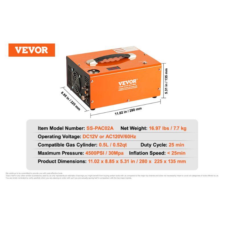 VEVOR PCP Air Compressor, 4500PSI Portable PCP Airgun Compressor with Built-in Converter, Auto-Stop DC12V/AC120V Oil Water-Free Paintball Tank Compressor Pump for Air Rifle, Scuba Diving Bottle