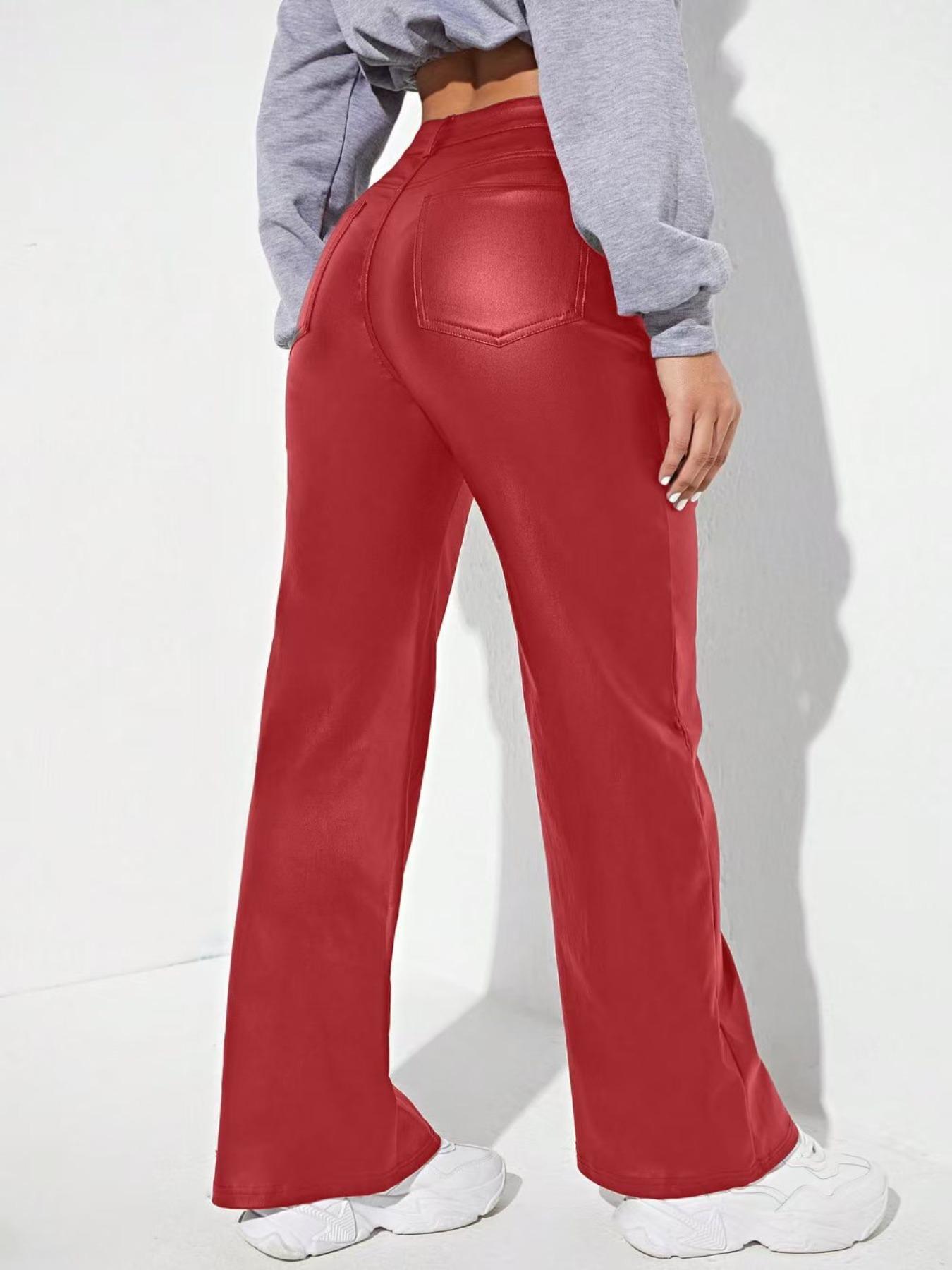 Women's Solid Color Button Fly Faux Leather Pants with Pocket, Fashion Casual High Waist Fit Trousers for Daily Outdoor Wear, Ladies Bottoms for All Seasons