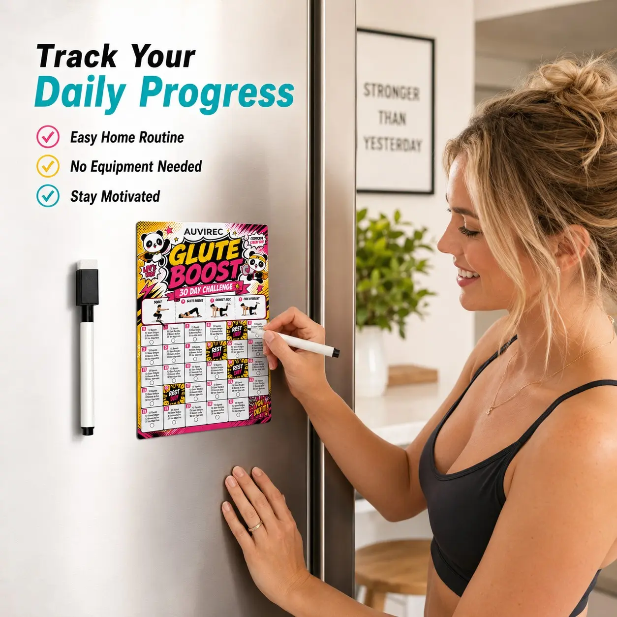 Auvirec 6-Piece Pet Dry Erase Fitness Plan Set, 30-Day Home Workout Tracker, Reusable Daily Training Cards, Includes Marker Pen