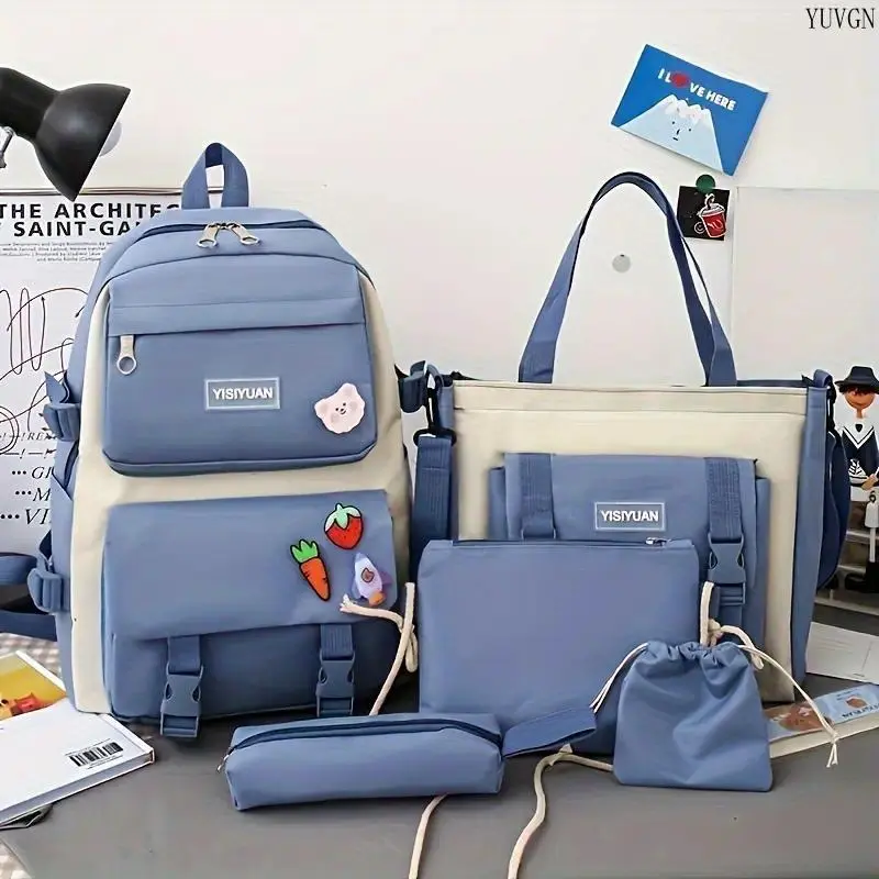 Korean‑Style 5‑in‑1 Large‑Capacity Backpack Set for Students, Multifunctional Bookbag with Matching Pouches and Zippered Compartments, Casual Daypack for College Campus, Travel, Shopping and Daily Errands