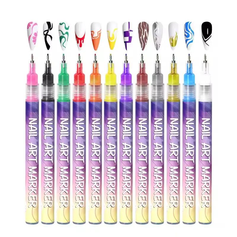 12-Color Nail Art Pen Set - Quick-Drying Acrylic Markers with 0.5mm Ultra-Fine Tip for Precision Line Work & Detailed Nail Art - Highly Pigmented DIY Manicure Kit for Creating 3D Doodles, Flowers & Abstract Designs