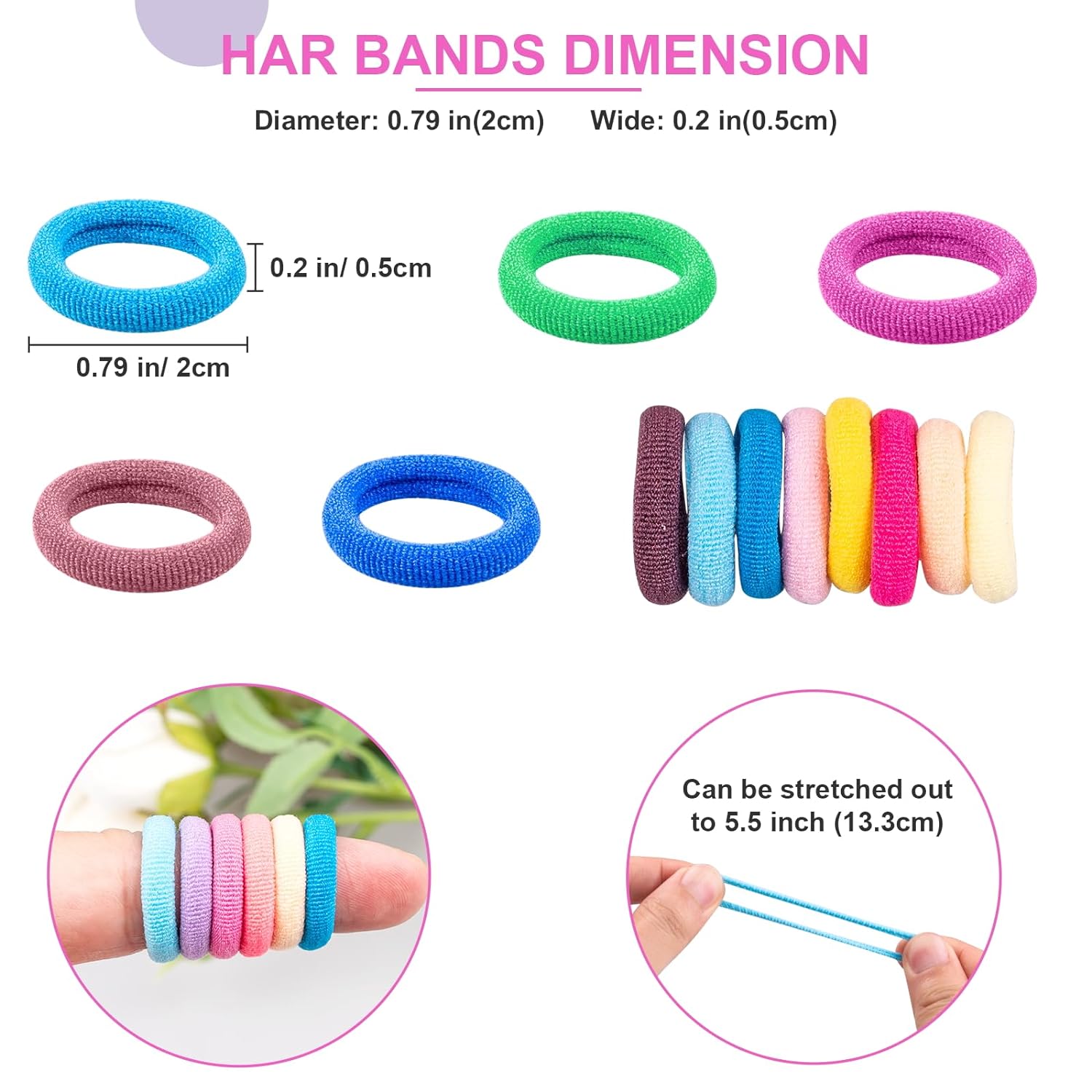 350 count Multicolor Cotton Hair Ties - Small  Hair Elastics for  and Girls, No Crease Finger Ponytail Holders (20 Colors)