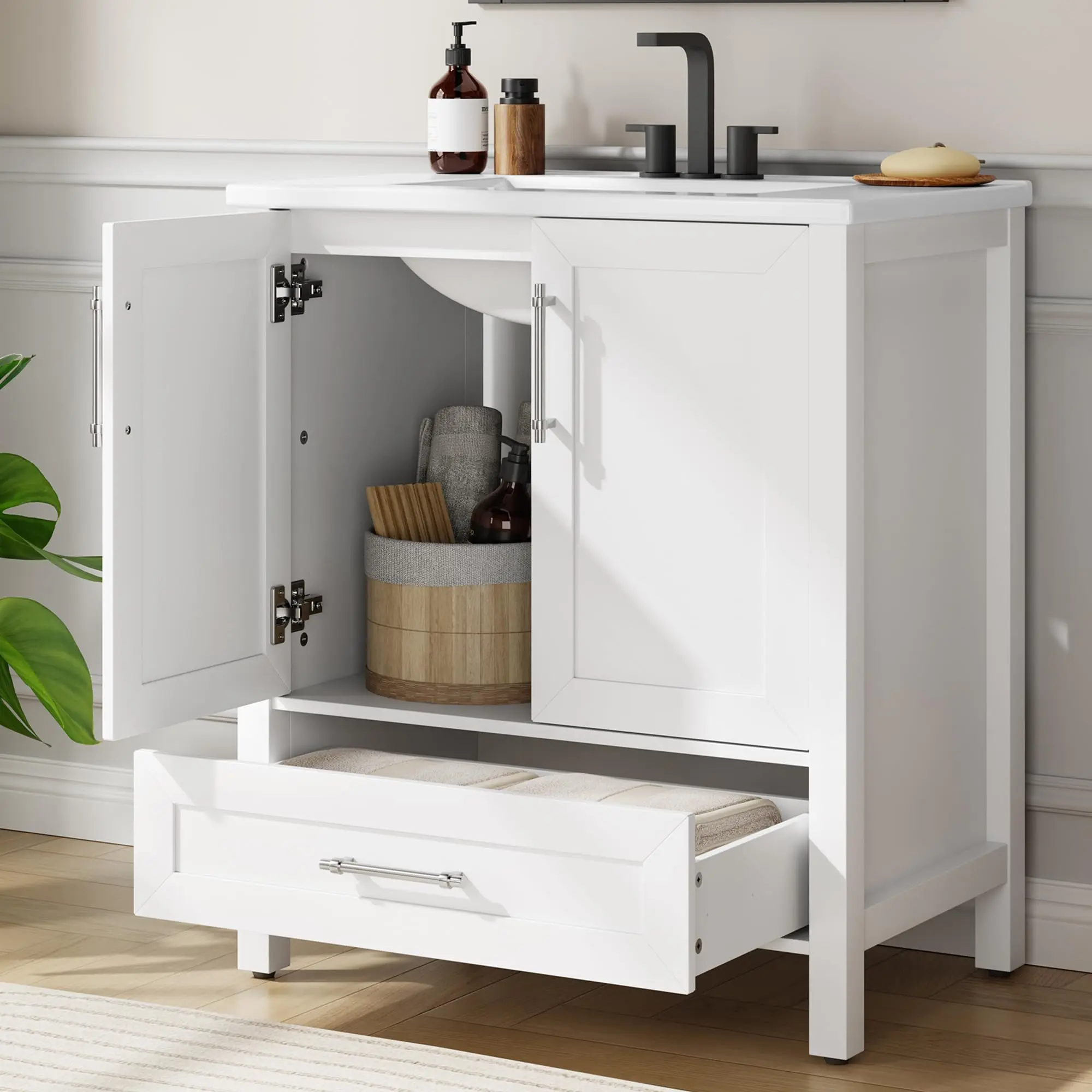 Bathroom Vanity, Modern Walnut Natural Wood Finish, Freestanding Cabinet with Ceramic Basin, Drawer & 2 Soft-Close Doors, Space-Saving Fixture, Available in 24'' and 30'' Sizes for Bathroom Remodel Projects
