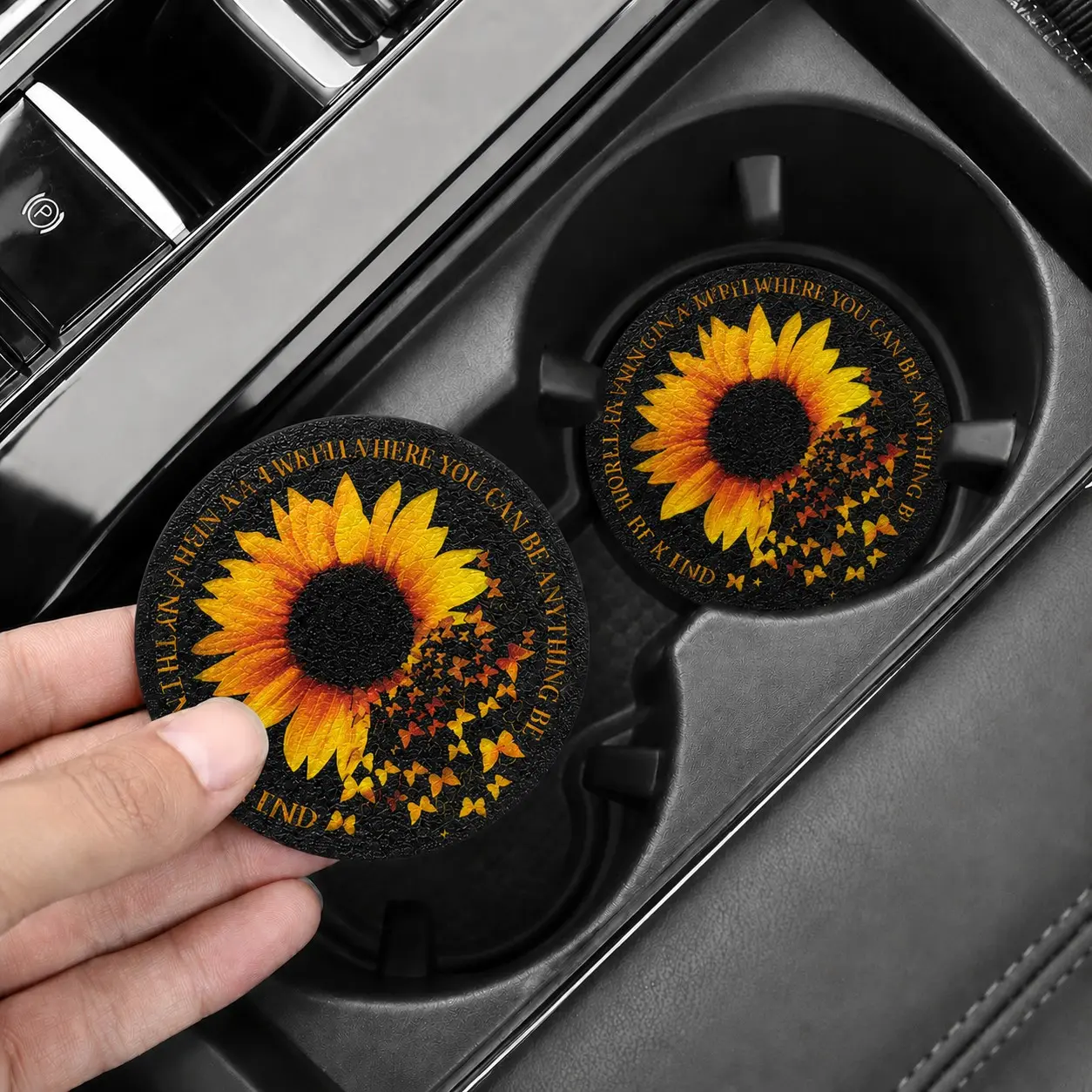 2 Pack Sunflower Car Cup Holder Coasters, Anti-Slip Durable PVC Car Cup Holder Pads, Cute Car Interior Accessories for Women & Men, Cute Car Decor, Summer Gift, Birthday Gift, Vehicle Cup Holder Protection