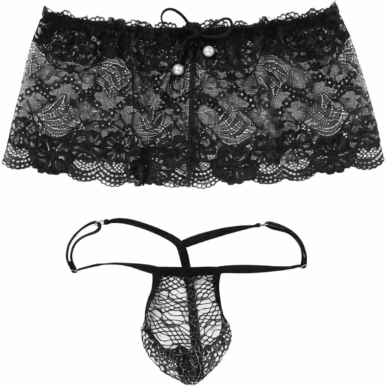 Men's Lace Lingerie Set - Low-Rise Boxer Brief Thong, Floral Sheer Breathable Men's G-String Underwear
