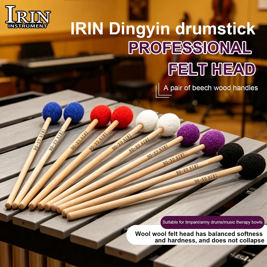 Irin Gx-06 Marimba Mallet, Cashmere Rubber Head, Birch Wood Handle, High-Quality Percussion Instrument Accessory, Durable & Comfortable Design