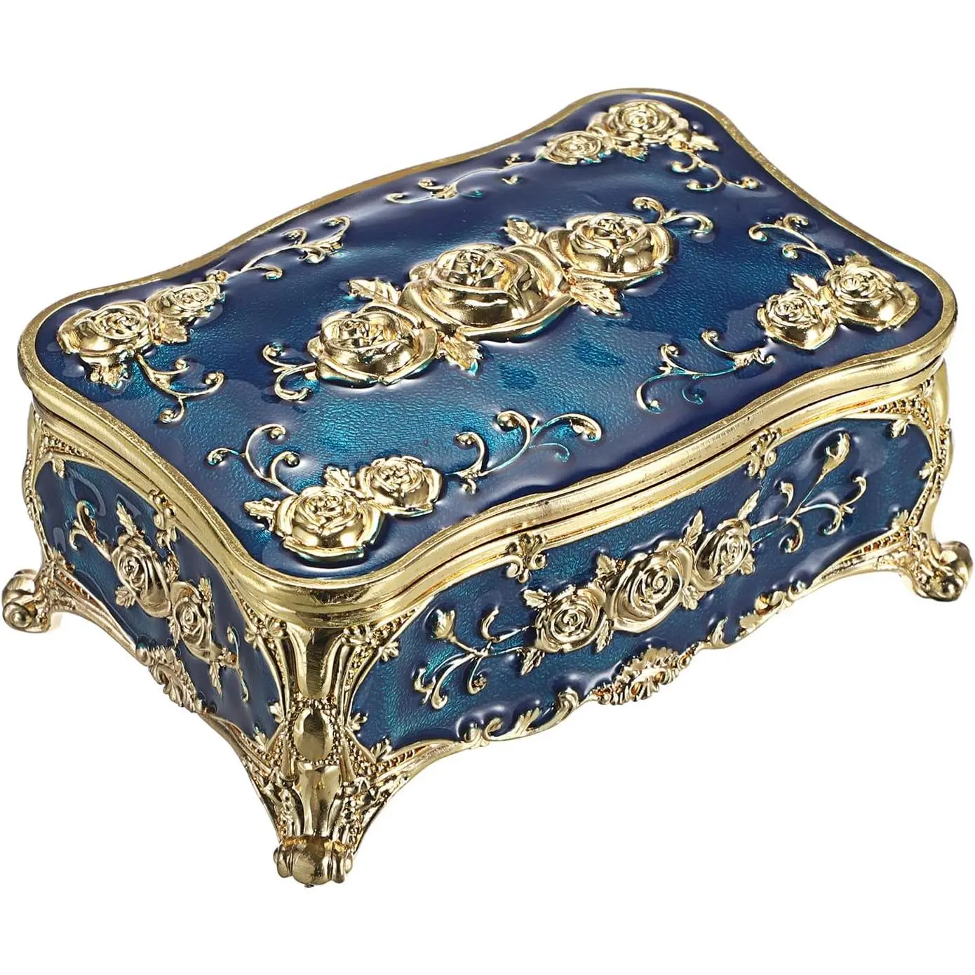 Metal  Box with Rose  -  Trinket Organizer Box Rectangular  Storage Box for Ring Earrings Necklaces  Decor  for Women, Blue