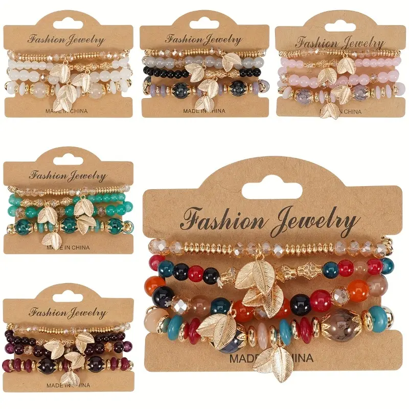 Women's 24Pcs Elegant Bohemian Stacked Bracelets Set - Beaded, Handmade, Artificial Crystal Glass, CCB Alloy Leaf Pendants, Bracelets for Women, Casual Unisex, Ideal for Daily Wear, Weddings, Handmade Beads, Artificial Glass, Birthday Gifts For Girlfriend