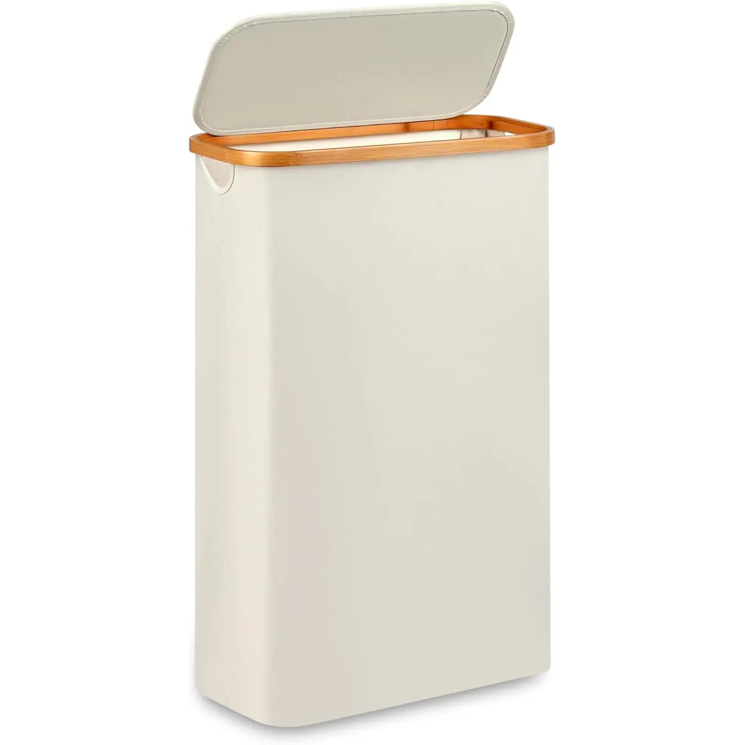 Slim Laundry Hamper,Narrow laundry Hamper with Lid,60L Hamper for Laundry,Dirty Cloth Hamper with Bamboo Handle for Towels, Clothes Organizing,Beige